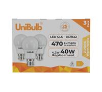 Unibulb B22 GLS Bayonet 4.2W Energy Efficient LED Light Bulb, 470 Lumens, 2700K Warm White, 40W Equivalent, 25,000hr Life, Non-Dimmable, Pack of 3