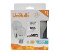 Unibulb B22 GLS Bayonet 7.3W Energy Efficient LED Light Bulb, 806 Lumens, 6500K Daylight, 60W Equivalent, 25,000hr Life, Non-Dimmable, Pack of 2
