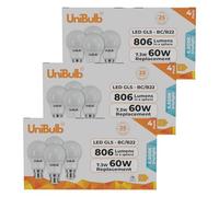 Unibulb B22 GLS Bayonet 7.3W Energy Efficient LED Light Bulb, 806 Lumens, 6500K Daylight (Day White), 60W Equivalent, 25,000hr Life, Non-Dimmable, Pack of 12