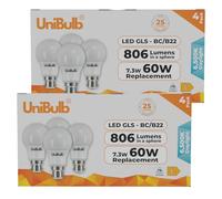 Unibulb B22 GLS Bayonet 7.3W Energy Efficient LED Light Bulb, 806 Lumens, 6500K Daylight (Day White), 60W Equivalent, 25,000hr Life, Non-Dimmable, Pack of 8
