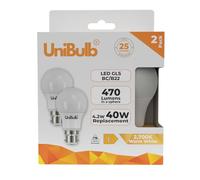 Unibulb BC / B22 / Bayonet 4.2W 470lm LED GLS Light Bulbs, Replaces 40W, Warm White 2700K, Energy Saving Lightbulbs, 180° Wide Beam, Non-dimmable, 25yr Lifespan, Pack of 2