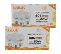 Unibulb BC / B22 / Bayonet GLS 7.3W Energy Efficient LED Light Bulb, 806 Lumens, 3000K Warm White, 60W Equivalent, 25,000hr Life, Non-Dimmable, Pack of 8