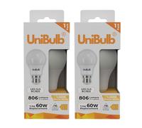 Unibulb BC / B22 / Bayonet, GLS, 7.3W LED Light Bulb, 806 Lumens, 3000K Warm White, Replaces 60W, Non-Dimmable, 25yr Lifespan (2)