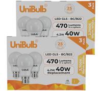 Unibulb BC / B22 / Bayonet LED Light Bulb, GLS, 4.2W, 470lm, Replaces 40W, Warm White 2700K, Non-dimmable, 25yr Lifespan, Pack of 2 (6)