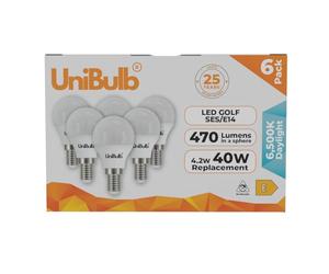 Unibulb E14 Energy Saving LED Light Bulb, Small Edison Screw (SES), 4.2W, 470lm, 40W Equivalent, Daylight 6500K, Golf Ball Bulb, P45, 220-240V, Non-Dimmable, 25,000hr lifespan, Pack of 6
