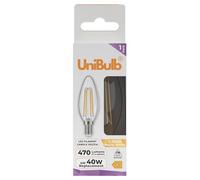 Unibulb E14 Filament Candle LED Light Bulb, 470lm, 4W, 2700K (Warm White), 40W Equivalent, 25,000hr Life, Small Edison Screw (SES), Non-dimmable, Pack of 1