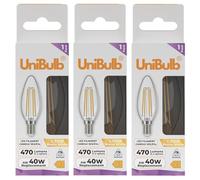 Unibulb E14 Filament LED Candle Light Bulb, 470lm, 4W, 2700K (Warm White), Replaces 40W, Small Edison Screw (SES), Non-dimmable, 25yr Lifespan (3)