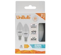 Unibulb E14 SES LED Candle Bulbs, 470 Lumens, Daylight 6500K, 4.2W 40W Equivalent/Replacement, 25,000hr lifespan, Pack of 2