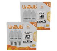 Unibulb E14 SES LED Candle Bulbs, 470 Lumens, Warm White 2700K, 4.2W, 40W Equivalent/Replacement, 25,000 Lifespan, Pack of 6