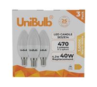Unibulb E14 SES LED Candle Bulbs, 470 Lumens, Warm White 3000K, 4.2W, 40W Equivalent/Replacement, 25,000hr lifespan, Pack of 3