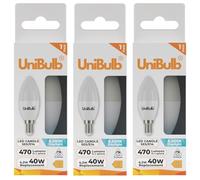 Unibulb E14 SES LED Candle Light Bulbs, 470 Lumens, Daylight 6500K, 4.2W 40W Equivalent/Replacement, 15,000hr lifespan, Pack of 3