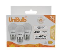Unibulb E27 Edison Screw (ES) 4.2W Energy Efficient LED Golf Ball Light Bulb, 470 Lumens, 2700K Warm White, 40W Equivalent, 25,000hr Life, Non-Dimmable, Pack of 3