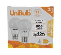 Unibulb E27 Edison Screw (ES) 7.3W Energy Efficient LED Light Bulb, 806 Lumens, 2700K Warm White, 60W Equivalent, 25,000hr Lifespan, Non-Dimmable, Pack of 2