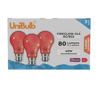 Unibulb Fireglow Red Light Bulbs, 40W, GLS B22 BC Bayonet, 1000K Candlelight, Dimmable, Pack of 3