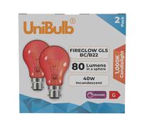 Unibulb Fireglow Red Light Bulbs, 40W, GLS BC B22 Bayonet, 1000K Candlelight, Dimmable, Pack of 2