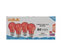 Unibulb Fireglow Red Light Bulbs, 40W, GLS BC B22 Bayonet, 1000K Candlelight, Dimmable, Pack of 4