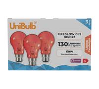 Unibulb Fireglow Red Light Bulbs, 60W, GLS BC B22 Bayonet, 1000K Candlelight, Dimmable, Pack of 3