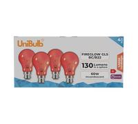 Unibulb Fireglow Red Light Bulbs, 60W, GLS BC B22 Bayonet, 1000K Candlelight, Dimmable, Pack of 4