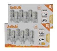 Unibulb G9 LED Light Bulbs, 200 Lumens, 1.8W (20W Halogen Equivalent), Warm White (2700k), 220-240V, Bi-Pin Base Energy Saving, T3, 25,000hr lifespan, Pack of 12