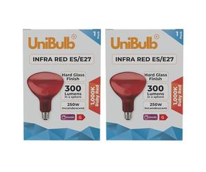 Unibulb Infra-Red Heater Lamp E27 (ES) 300 Lumens, 250W Heat Lamp Light Bulb, Ruby Red Finish, 1000k Candlelight, Hard Glass, Edison Screw, Dimmable (2)