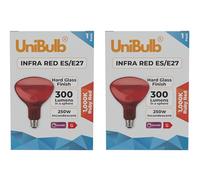 Unibulb Infrared Heater Lamp E27 (ES) 300 Lumens, 250W Heat Lamp Light Bulb, Ruby Red Finish, 2000k Warm White, Hard Glass, Edison Screw, Non-Dimmable, Box of 2