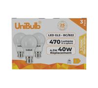 UniBulb LED GLS B22 470lm 4.2W 2700K (Warm White) Light Bulb - Pack of 3