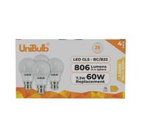 UniBulb LED GLS B22 806lm 7.3W 3000K (Warm White) Light Bulb - Pack of 4