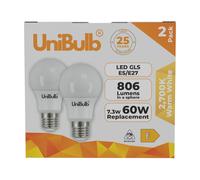UniBulb LED GLS E27 806lm 7.3W 2700K (Warm White) Light Bulb - Pack of 2