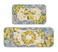 Unibyby Lemon Kitchen Mat Yellow and Blue Mediterranean Kitchen Rug Summer Decor Tile Flower Pattern Kitchen Mats for Floor Non Skid Washable Set of 2, Decorative Kitchen Decor 17x29 and 17x47 Inch