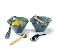 UNICASA Porcelain Bowls, Ramen Bowls with Spoons Forks and Chopsticks, Tableware Noodle Bowl Sets for Cereal, Salad, Soup, Microwave Safe - 2X 600ml - Green