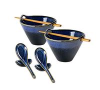 UNICASA Ramen Bowls Porcelain, Soup Bowls Set of 2 x 600 mL with Spoons Forks and Chopsticks, Tableware Sets Noodle Bowl for Cereal, Salad, Soup - Blue