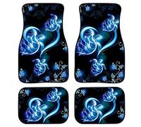 UNICEU Floral Neon Sea Turtle Blue Print Car Floor Mats 4 Pcs Set for Front and Rear, Vehicle Interior Floor Rubber Mats Carpets Universal Fit Trucks Van SUV