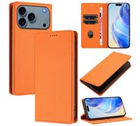 Unichthy Case for iPhone 17 Pro Flip Cover Shockproof Litchi Texture Anti-slip Wallet Case PU Leather Stand Magnetic Closure |RFID Blocking| 3 Card Slots Phone Skin for iPhone 17 Pro Cosmic Orange