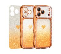 Unichthy Case for iPhone 17 Pro Max Love Heart Cover Sparkling Gems Border Curly Wave Frame with Removable All Glitter Insert Girly Shockproof Phone Skin Cosmic Orange