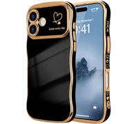 Unichthy Cute Love Heart Phone Case for iPhone 16 Plus |Easy to Hold| Lovely Wave Frame Curly Shape for Girls Women Glitter Plated Bright Colour Soft TPU Shockproof Cover for iPhone 16 Plus Black