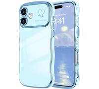 Unichthy Cute Love Heart Phone Case for iPhone 16 Plus |Easy to Hold| Lovely Wave Frame Curly Shape for Girls Women Glitter Plated Bright Colour Soft TPU Shockproof Cover for iPhone 16 Plus Blue