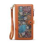 Unichthy For CMF Phone 2 Pro Zipper Case RFID Blocking 11 Card Slots with Strap Shockproof Leather Flip Wallet Handbag Zip Cover Stand Magnetic |Leaf Vein| for Nothing CMF Phone 2 Pro Brown