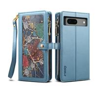 Unichthy For Google Pixel 7a Zipper Case RFID Blocking 11 Card Slots with Strap Shockproof Leather Flip Wallet Handbag Zip Pocket Phone Cover Stand Magnetic Shell |Leaf Vein| for Samsung M14 Blue