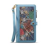 Unichthy For Motorola Moto G05 / E15 Zipper Case RFID Blocking 11 Card Slots with Strap Shockproof Leather Flip Wallet Handbag Zip Cover Stand Magnetic Skin |Leaf Vein| for Moto G05 / E15 Blue