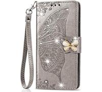 Unichthy For Nokia C02 Case for Girls Glitter Sparkle Bling Phone Case 3D Gems Butterfly Shockproof Leather Wallet Flip Protective Cover Folio Notebook Shell for Nokia C02 Grey