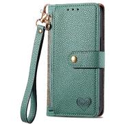 Unichthy For OPPO Reno 10 / Reno 10 Pro Zipper Case Love Heart, Shockproof 7 Card Slots Embossed RFID Blocking Leather Flip Wallet Handbag Zip Pocket Cover Light Weight Purse Green