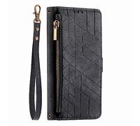 Unichthy For Samsung Galaxy A02s Zipper Case with Strap Shockproof 3D Geometry Leather Flip Wallet Handbag Zip Pocket Phone Cover Stand Card Holder Folio Magnetic Button Purse for Samsung A02s Black