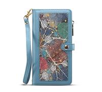 Unichthy For Samsung Galaxy A57 Zipper Case RFID Blocking 11 Card Slots with Strap Shockproof Leather Flip Wallet Handbag Zip Cover Stand Magnetic Shell |Leaf Vein| for Samsung Galaxy A57 Blue