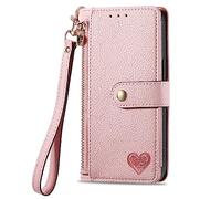 Unichthy For Samsung Galaxy S23 FE Zipper Case Love Heart, Shockproof 7 Card Slots Embossed RFID Blocking Leather Flip Wallet Handbag Zip Pocket Cover Light Weight Purse for Samsung S23 FE Pink