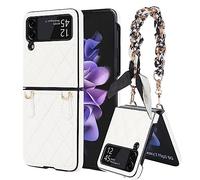 Unichthy For Samsung Galaxy Z Flip4 Case with Silk Wrist Strap,Shockproof Leather Cover for Women Non-Slip Grip Surface Full Protection Phone Case Cover for Samsung Z Flip4 White