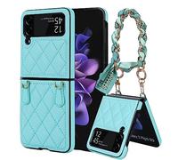Unichthy For Samsung Galaxy Z Flip4 Case with Silk Wrist Strap,Shockproof Leather Cover for Women Non-Slip Grip Surface Full Protection Phone Case Cover for Samsung Z Flip4 Green