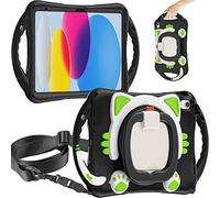 Unichthy Kids Case for iPad (A16) 11th Generation 11 Inch 2025/ iPad 10th Generation 10.9 Inch 2022 Cute Cats Portable Cover with Crossbody Strap/Pencil Holder/Stand Hangable Cover, Black/Green