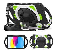 Unichthy Kids Case for iPad (A16) 11th Generation 11 Inch 2025/ iPad 10th Generation 10.9 Inch 2022 Cute Cats Cover with Crossbody Strap/Hand Strap/Pen Holder Stand Cover for Boys Girls, Black/Green