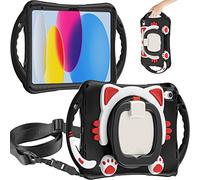 Unichthy Kids Case for iPad (A16) 11th Generation 11 Inch 2025/ iPad 10th Generation 10.9 Inch 2022 Cute Cats Portable Cover with Crossbody Strap/Pencil Holder/Stand Hangable Cover, Black/Red