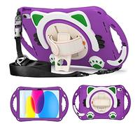 Unichthy Kids Case for iPad (A16) 11th Generation 11 Inch 2025/ iPad 10th Generation 10.9 Inch 2022 Cute Cats Cover with Crossbody Strap/Hand Strap/Pen Holder Stand Cover for Boys Girls, Purple